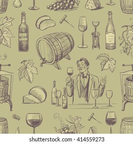 
Seamless pattern of wine and wine making. Isolated objects on olive background.