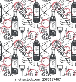 Seamless pattern with wine and snack. Wine glass, cheese, grapes, bottle, glass and wine stains in ink linear sketch style. Background for packaging, wallpaper or package.