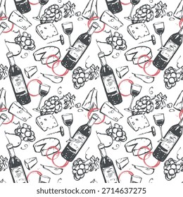 Modelo inconsútil con el vino y el bocado. Vaso de vino, queso, uvas, botella, vidrio y vino manchas en tinta estilo boceto lineal. Fondo para el embalaje, el Fondo de pantalla o el paquete.