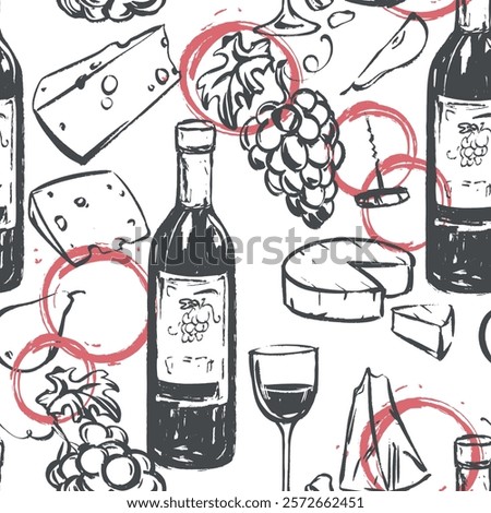 Seamless pattern with wine and snack. Wine glass, cheese, grapes, bottle, glass and wine stains in ink linear sketch style. Background for packaging, wallpaper or package.