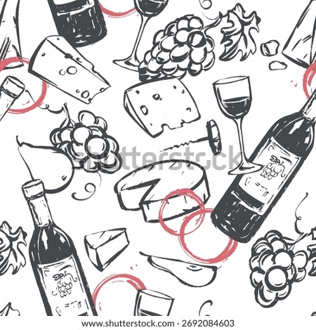 Seamless pattern with wine and snack. Wine glass, cheese, grapes, bottle, glass and wine stains in ink linear sketch style. Background for packaging, wallpaper or package.