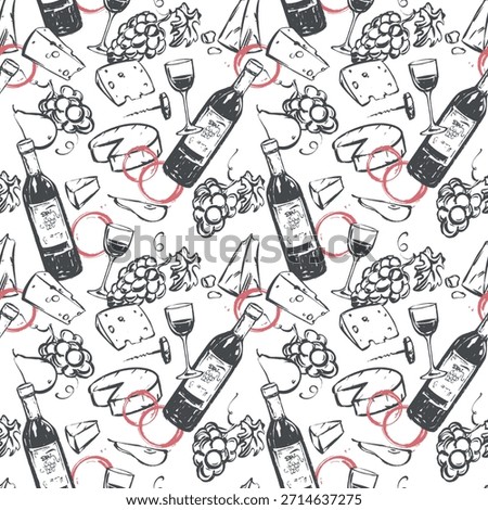 Seamless pattern with wine and snack. Wine glass, cheese, grapes, bottle, glass and wine stains in ink linear sketch style. Background for packaging, wallpaper or package.