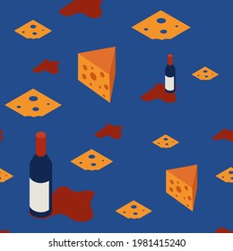 Seamless pattern with wine and sorm for restaurant menus and banners. A bottle of red wine with chunks of hard cheese. Vector illustration in flat style. pattern is fixed in swatches