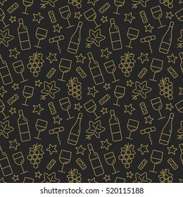 Seamless pattern with wine and star icons. Background for Christmas cards, decoration, menus, web, banners and designs related to wine and holidays. Vector illustration.