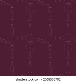 Seamless pattern with wine theme. Red background. Wineglass, bottle and corkscrew. Minimalistic graphics. Abstract one line drawing. Continuous line.