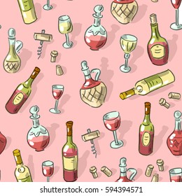 Seamless pattern with wine and wineglass
