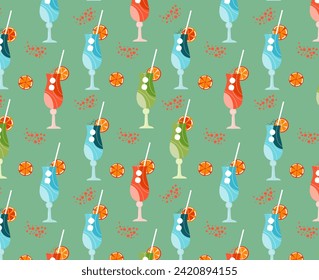 Seamless pattern wineglass Mocktail with orange. Non-alcoholic cocktail with citrus fruits and mint. Beach kitchen. Cool summer drinks. Vector illustration in the flat style.