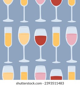 Seamless pattern with wineglass.Cover template for bar,winery. White,red,rose wine and champagne on blue background.Trendy vector style.