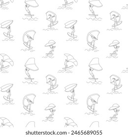 Seamless pattern with wing foiling people in line style. Vector  illustration on the white background.
