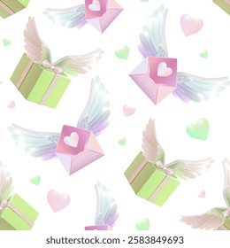 Seamless Pattern with Winged Gifts and Love Letters. Pastel Gift Boxes and Envelopes with Hearts and Wings. Romantic Flying Gifts and Letters Illustration