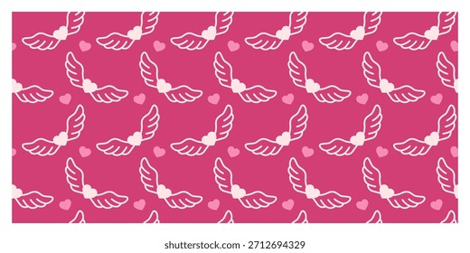 Patrón sin fisuras de corazones alados en estilo colorido ideal para temas románticos, ilustraciones de San Valentín y productos de regalo.