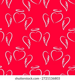 Patrón sin fisuras con corazones alados sobre fondo rojo. Fondo festivo para el día de San Valentín. Para embalajes, textiles y diseños temáticos navideños.