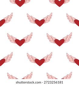 Seamless pattern with winged hearts. Romantic love repeating background for Valentine’s Day, wedding design, wrapping paper, textile, wallpaper. Flat vector illustration.