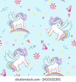 Seamless pattern with winged unicorn and rainbow for fabric or wallpaper, gift wrapping paper. Vector illustration in pastel colors for baby clothes. Repeating background.