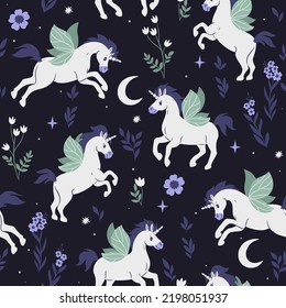 Seamless pattern with winged unicorns, stars and flowers. Vector graphics.