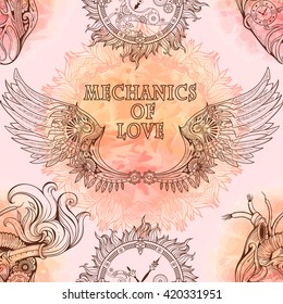 Seamless pattern of wings, heart and clockwork in steampunk style.