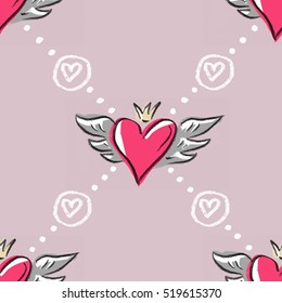Seamless pattern with wings hearts