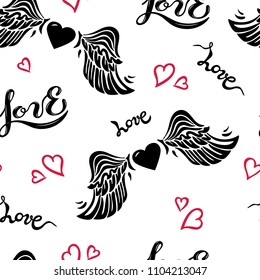 Seamless pattern with wings, hearts, hendwritten lettering love. Vector illustration for textiles and fabrics, t-shirts, wallpapers, love you card, Happy St Valentine's day.