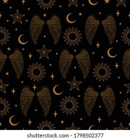 Seamless Pattern with Wings and Stars in Vector.