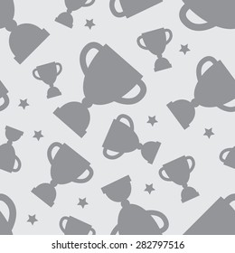 Seamless pattern with winners cup and stars in flat design style. Grayscale colors