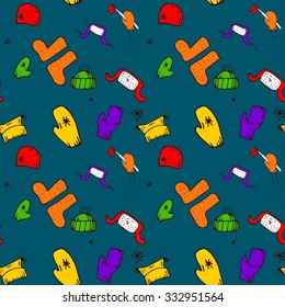 Seamless pattern with winter accessories - hats, boots and mittens