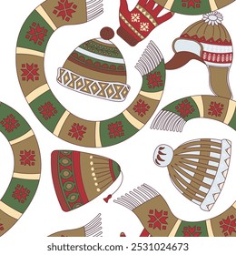 Seamless pattern of winter accessories including hats, scarves, and mittens. Festive holiday colors. Vector illustration isolated on white background.