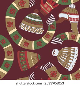 Seamless pattern with winter accessories like hats, scarves, and gloves in festive red and green. Ideal for holiday designs. Vector illustration on a dark background.