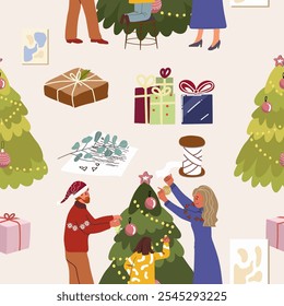 Atividades de inverno de padrão contínuo dentro da casa, interior, entretenimento, preparação para o Natal, Ano Novo, desenhado à mão, vetor.