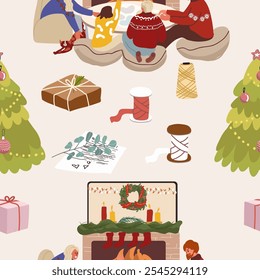 Seamless pattern winter activities inside the house, indoor, entertaining, preparing for Christmas, New Year, hand drawn, vector.