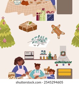 Seamless pattern winter activities inside the house, indoor, entertaining, preparing for Christmas, New Year, hand drawn, vector.