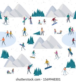 Seamless pattern with Winter Alps holidays background with active people. Winter outdoor activities, People ice skating, skiing, snowboarding, sledding.