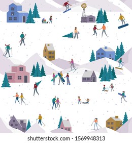 Seamless pattern with Winter Alps holidays background with active people. Winter outdoor activities, People ice skating, skiing, snowboarding, sledding.