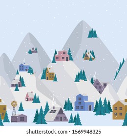 Seamless pattern with Winter Alps mountain and houses. Editable vector illustration.