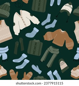 Seamless pattern with winter autumn cozy clothes and outerwear isolated on background - woolen jumper, cardigan, socks, scarf, hat, mittens. Bundle of seasonal clothing. Colorful vector illustration.