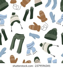 Seamless pattern with winter autumn cozy clothes and outerwear isolated on background - woolen jumper, cardigan, socks, scarf, hat, mittens. Bundle of seasonal clothing. Colorful vector illustration.