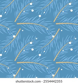 Seamless pattern. Winter background card made of fir branches. Blue Christmas tree branches with snowflakes. Vector.