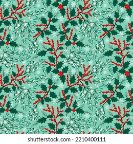 seamless pattern winter background, christmas plants holly and mistletoe