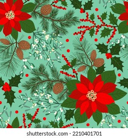 seamless pattern winter background, christmas plants, poinsettia, mistletoe and holly