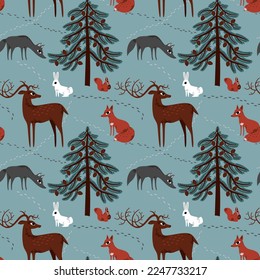 seamless pattern winter background, forest, animals