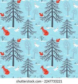 seamless pattern winter background, forest, animals