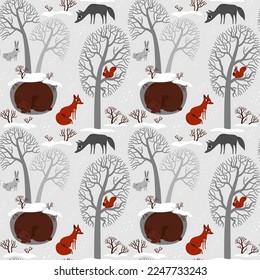 seamless pattern winter background, forest, animals