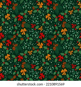 seamless pattern winter background, new year and christmas, mistletoe and holly