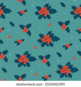 Seamless pattern with winter berries and holly leaves on a turquoise background. Vector graphics.