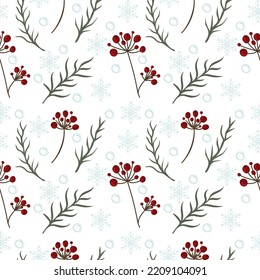 Seamless pattern of winter berries twigs and snowflakes. Winter holidays design print to social media, textile, wallpaper, wrapping paper, package. Vintage botanical illustrations