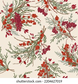 Seamless pattern and winter berry bouquets  Juniper  boxwood  viburnum  holly  holi  barberry  Botanical illustration  Vector 