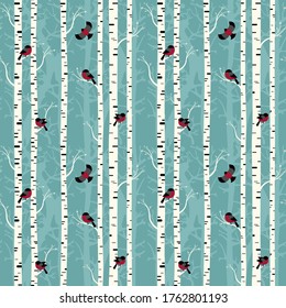 seamless pattern winter birch forest with bullfinches. Design for textile, wallpaper, fabric.