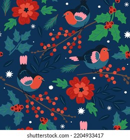 Nahtlose Muster mit Wintervögeln, Beeren und Blumen. Vektorgrafiken.