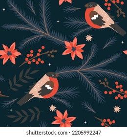 Patrón sin foco con aves de invierno, ramas de abetos, flores, bayas. Gráficos vectoriales.