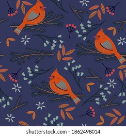 Patrón sin foco con aves y flora de invierno. Gráficos vectoriales.