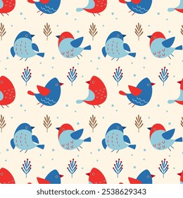 Seamless pattern with winter birds on light background. Christmas and new year. Festive illustration for gift design, wrapping paper, textiles, greeting card, background, cover, scrapbooking.